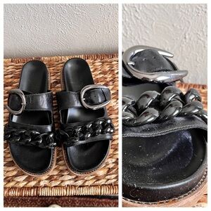 Vince Camuto black leather slides buckle chain flats birks style shoes 8